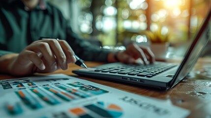 Poster - person working on laptop and reviewing data charts at a desk
