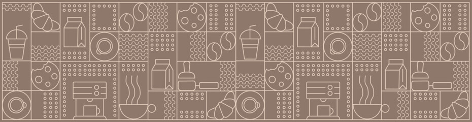 hand drawn illustration of bakery and coffee. icons. abstract geometric line background. gold luxury
