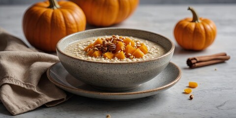 A delicious bowl of millet porridge with pumpkin and honey presented on a white marble surface as a copy space image.