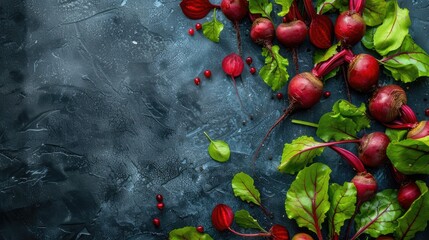 Wall Mural - Juicy red beetroot with green ones. Ripe vegetables. Vegetarianism, healthy eating.