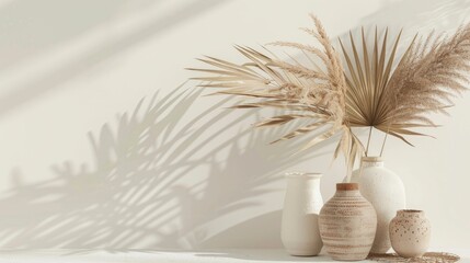 Poster - Neutral backdrop with dried palm fronds and ceramic vase Blank display for cosmetics with text space