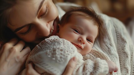 Canvas Print - A mother cradles her newborn baby in her arms.