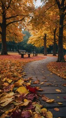 Autumnal park scene with bright, colorful leaves