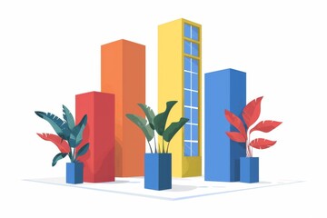 Poster - Colorful cityscape with geometric shapes and tropical plants creating a vibrant and modern urban scene