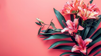 Wall Mural - Pink lilies and green leaves on a pink background.