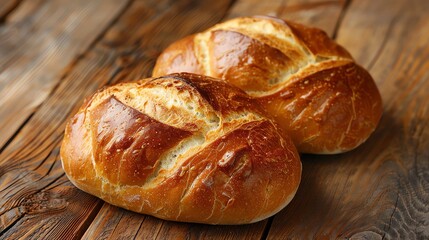 Canvas Print - Two loaves of freshly baked bread on a rustic wooden table.