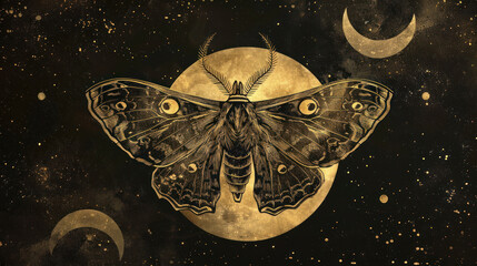 Golden moth on a mystical card, under the moonlight. Magic and spirituality are in the air. A simple insect design in black.