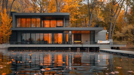 A contemporary lake house with a sleek design, large windows, and a deck that extends over the water, surrounded by autumn trees