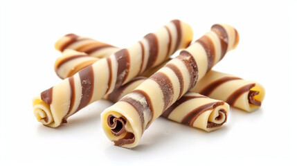 Delicious striped waffle rolls isolated on a white background.