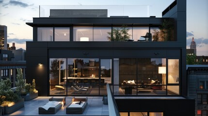 A contemporary urban home with a sleek black exterior, large windows, and a rooftop terrace with modern furniture and city views