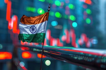 Poster - Indian flag waving with stock market graphs in background
