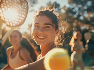 A woman holds a tennis racket and tennis ball, ready for play