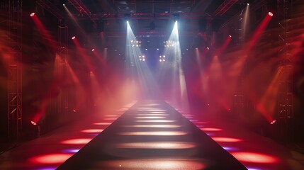 Sticker - An empty runway with red and white spotlights and fog.