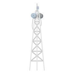 A tall white radio tower with antennas against a white background