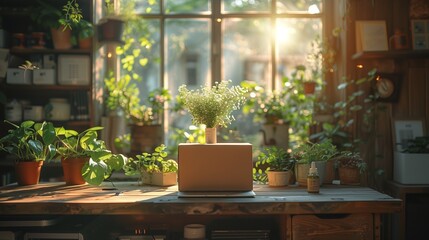 Poster - Laptop on Wooden Table Near Window With Plants and Sunlight