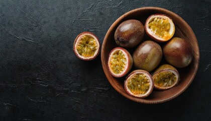 Poster - Passion Fruit in a bowl on a black background, top view, copy space 