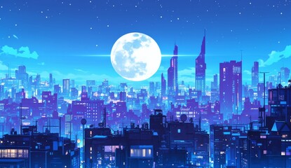 Wall Mural - cityscape night view on a rooftop, with lights on buildings and illuminated surroundings, anime art,