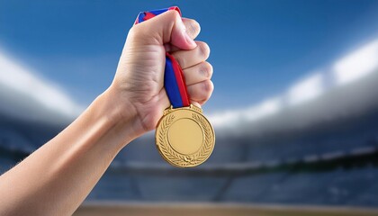 hand raising an Olympic gold medal in victory