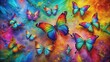 © Wanlop - Vibrant morpho butterflies with iridescent wings in mesmerizing rainbow hues flutter against a textured, gradient-colored background.