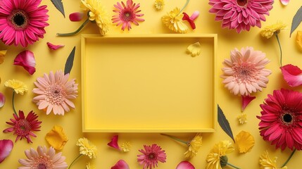 Poster - Seasonal flowers in a stunning frame on yellow background top view