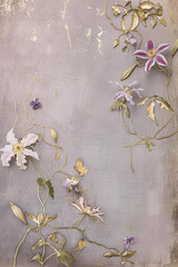 Wall Mural - Vertical floral grunge background with blank space for text, backdrop with flowers and copyspace, top view, neutral tones