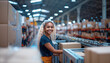 © Train arrival - Young teen smiling girl packing boxes with ordered goods in Huge fulfillment e-commerce center company. People manual work, retail commerce industry and worldwide international shipping concept image