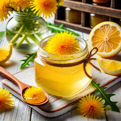 Poster - A jar of yellow dandelion jam with orange stands on a wooden board in the kitchen