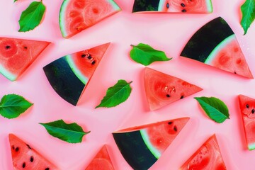 Seamless pattern with watermelon slices on a black background, flat vector illustration. For t-shirt prints and other uses.. Beautiful simple AI generated image in 4K, unique.