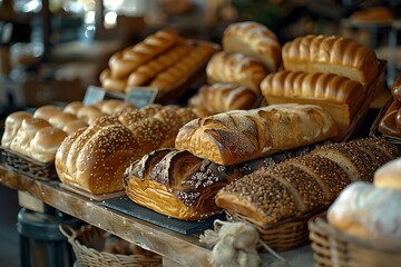 Wall Mural - Various Types of Bread on a Wooden Counter - Illustration