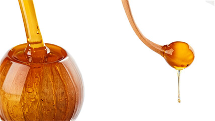 Poster - Golden honey drips from a wooden ladle. isolated transparent background