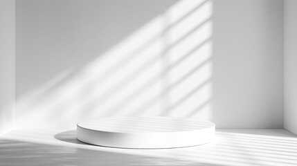 Leinwandbilder - white empty stage with soft window light in white empty small room, minimalistic podium background with copy space and place for product placement and advertisement