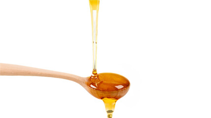 Poster - Golden honey drips from a wooden ladle. isolated transparent background