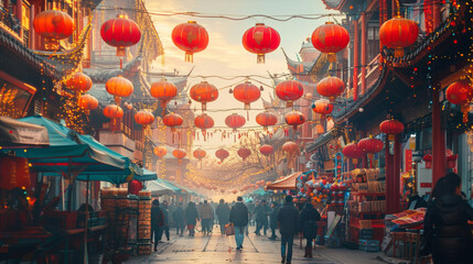 Vibrant street market decorated with red lanterns during Chinese Lantern Festival, bustling with people and stalls.