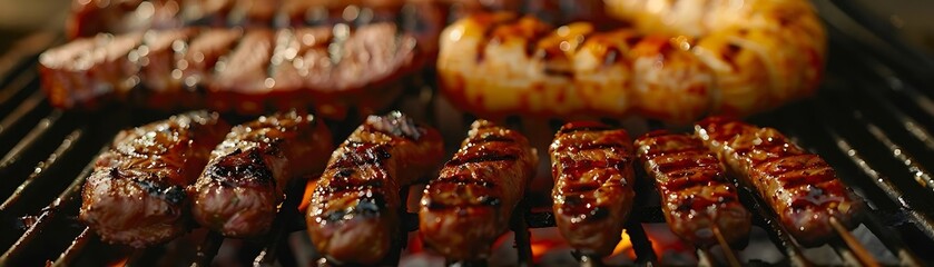 Wall Mural - Grilled Meat Kabobs on a BBQ Grill Realistic Image