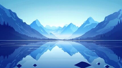 Canvas Print - A serene mountain lake scene with a clear blue sky and the reflection of mountains in the water.