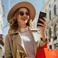 Poster - A beautiful young woman in a fashionable outfit, using her smartphone and smiling as she holds shopping bags. 
