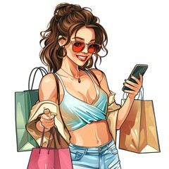 Poster - A beautiful young woman with a cheerful expression, holding shopping bags and using her smartphone. 
