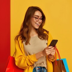 Poster - A beautiful young woman with a cheerful expression, holding shopping bags and using her smartphone. 