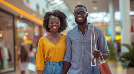 Poster - A cheerful young couple holding hands and their shopping bags, enjoying their day at the mall. 