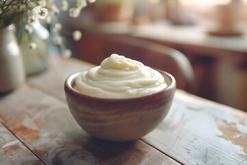 Poster - Whipped Cream in a Bowl on a Wooden Table - Photo