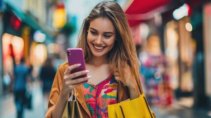 Poster - A young woman looking at her smartphone with a joyful expression, holding shopping bags in one hand. 