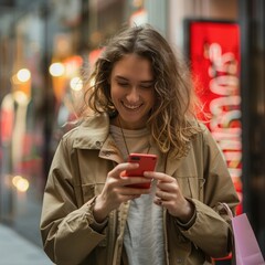 Poster - A young woman using her smartphone with a happy smile, carrying shopping bags from a recent shopping spree. 