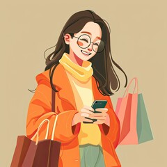 Poster - A young woman with long hair, dressed stylishly, looking at her smartphone with a cheerful expression and holding shopping bags. 