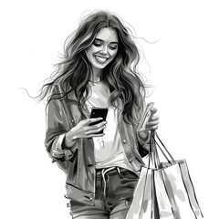 Poster - A young woman with long hair, dressed stylishly, looking at her smartphone with a cheerful expression and holding shopping bags. 