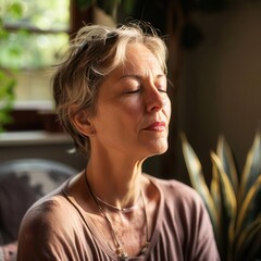 Wall Mural - tranquil middleaged woman in comfortable clothing eyes closed in deep meditation bathed in soft natural light streaming through living room window zenlike home environment