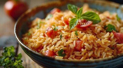 Poster - Close-up Photo of a Bowl of Tomato Rice with Basil