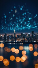 Wall Mural - City lights in circular bokeh blur on blue backdrop