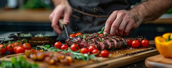 Wall Mural - Close-up Photo of a Delicious Grilled Steak with Cherry Tomatoes and Fresh Herbs