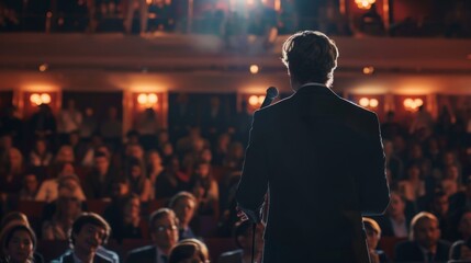 Abstract Image of a Businessman Giving a Presentation on Stage at a Board Meeting. Corporate Work Environment with Soft or Blurred Figures. High-Quality AI-Generated 4K Wallpaper of a Man in a Suit Sp