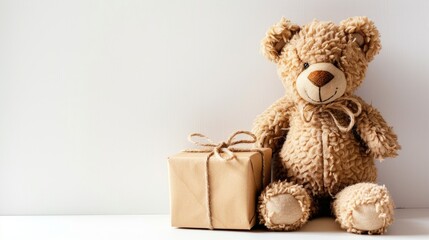 Poster - Vintage handmade teddy bear beside a gift box on white background Ideal holiday present Focus on bear Close up Plenty of space for text